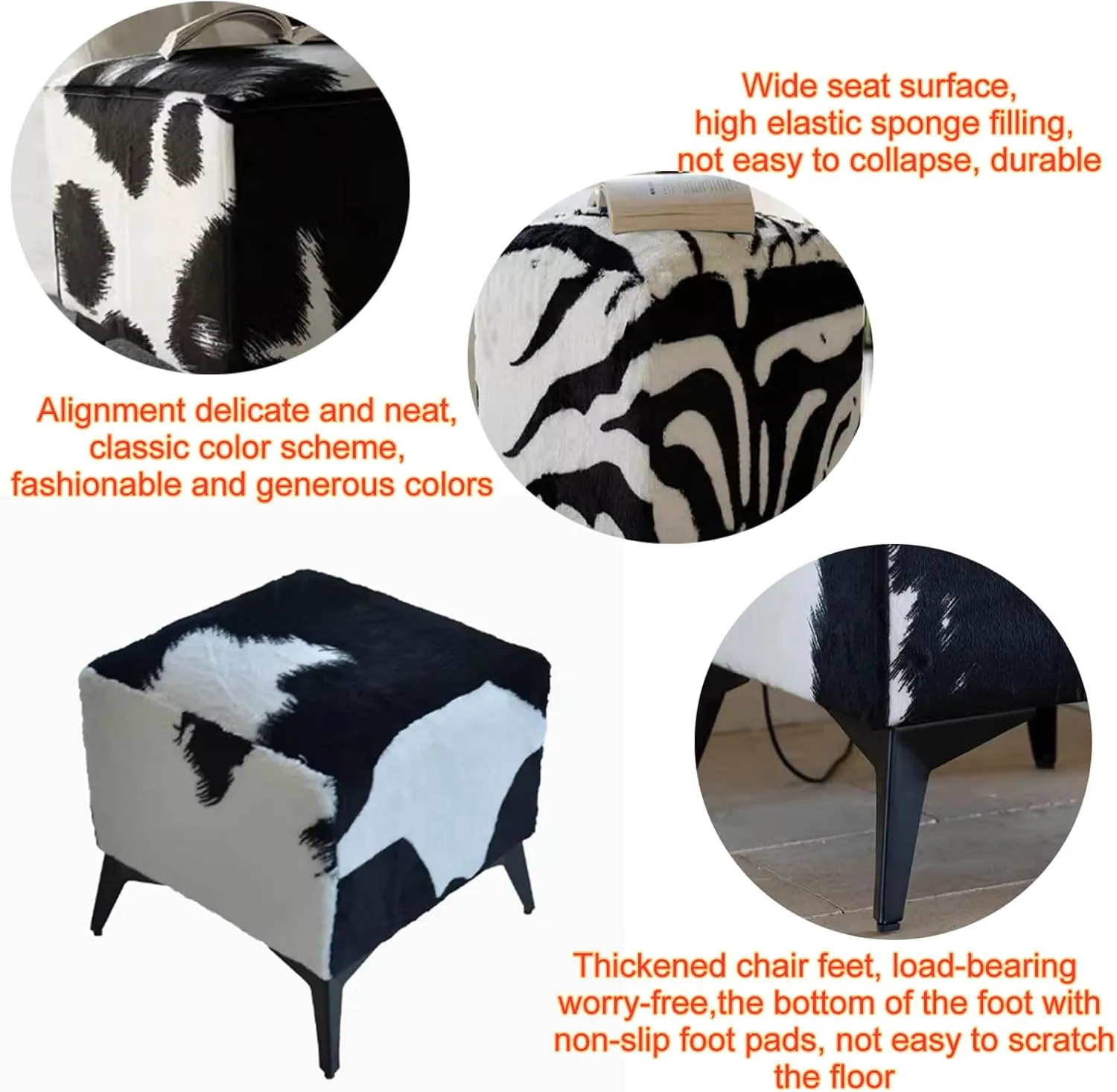 Square Footstool Ottoman,Vanity Stool Chair with Metal Leg,Furry Faux Cowhide Shoe Changing Bench for Vanity Entryway Bathroom Living Room Bedroom(17.3 * 15.7 * 15.7inch, Black Pattern)