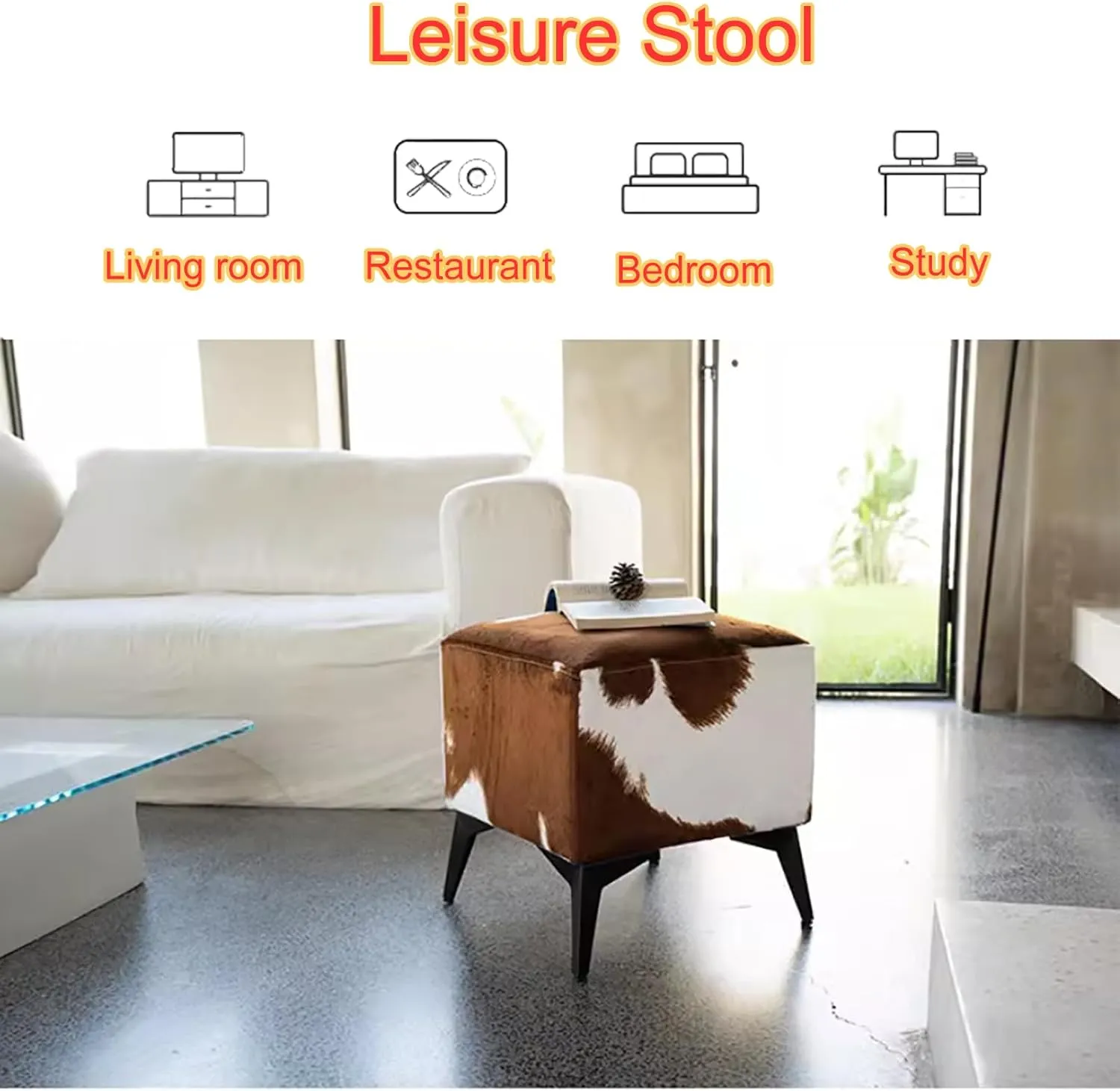 Square Footstool Ottoman,Vanity Stool Chair with Metal Leg,Furry Faux Cowhide Shoe Changing Bench for Vanity Entryway Bathroom Living Room Bedroom(17.3 * 15.7 * 15.7inch, Black Pattern)