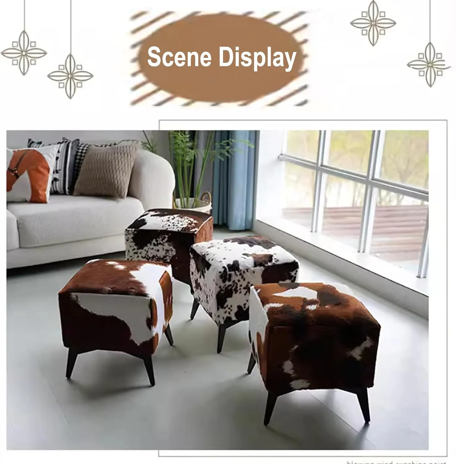 Square Footstool Ottoman,Vanity Stool Chair with Metal Leg,Furry Faux Cowhide Shoe Changing Bench for Vanity Entryway Bathroom Living Room Bedroom(17.3 * 15.7 * 15.7inch, Black Pattern)