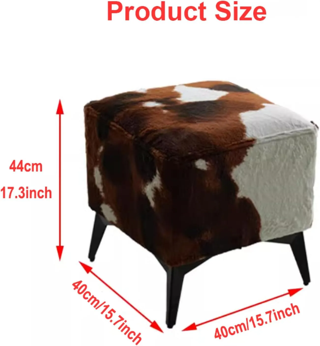 Square Footstool Ottoman,Vanity Stool Chair with Metal Leg,Furry Faux Cowhide Shoe Changing Bench for Vanity Entryway Bathroom Living Room Bedroom(17.3 * 15.7 * 15.7inch, Black Pattern)