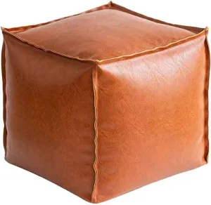 Square Pouf Ottoman Cover,No Filler Faux Leather Foot Stool, Cube Bean Bag Ottoman, Foot Rest Can Be Filled with Used Clothes,Plush Toy for Storage for Living Room (Orange)