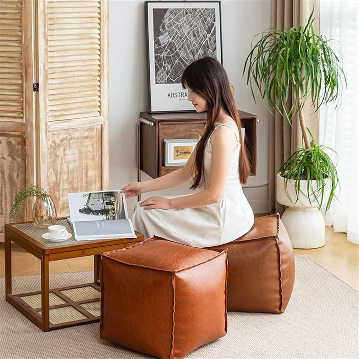 Square Pouf Ottoman Cover,No Filler Faux Leather Foot Stool, Cube Bean Bag Ottoman, Foot Rest Can Be Filled with Used Clothes,Plush Toy for Storage for Living Room (Orange)