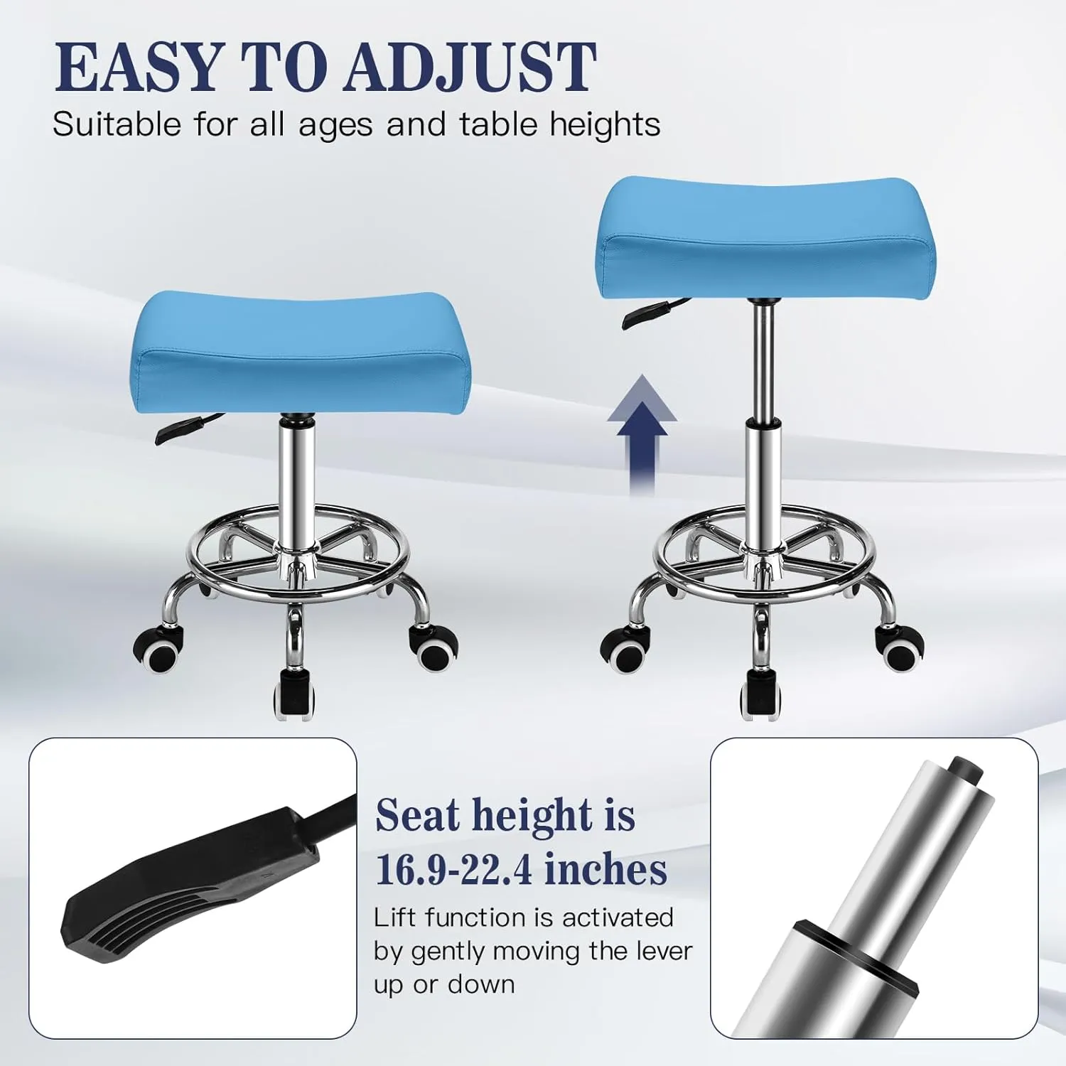 Square Salon Rolling Stool - 300lbs Weight Capacity，Adjustable Swivel Stool with Wheel，Pu Leahter Comfortable Cutting Stools for Salon Tattoo Stylist Massage Perfect for Work SPA (Blue)