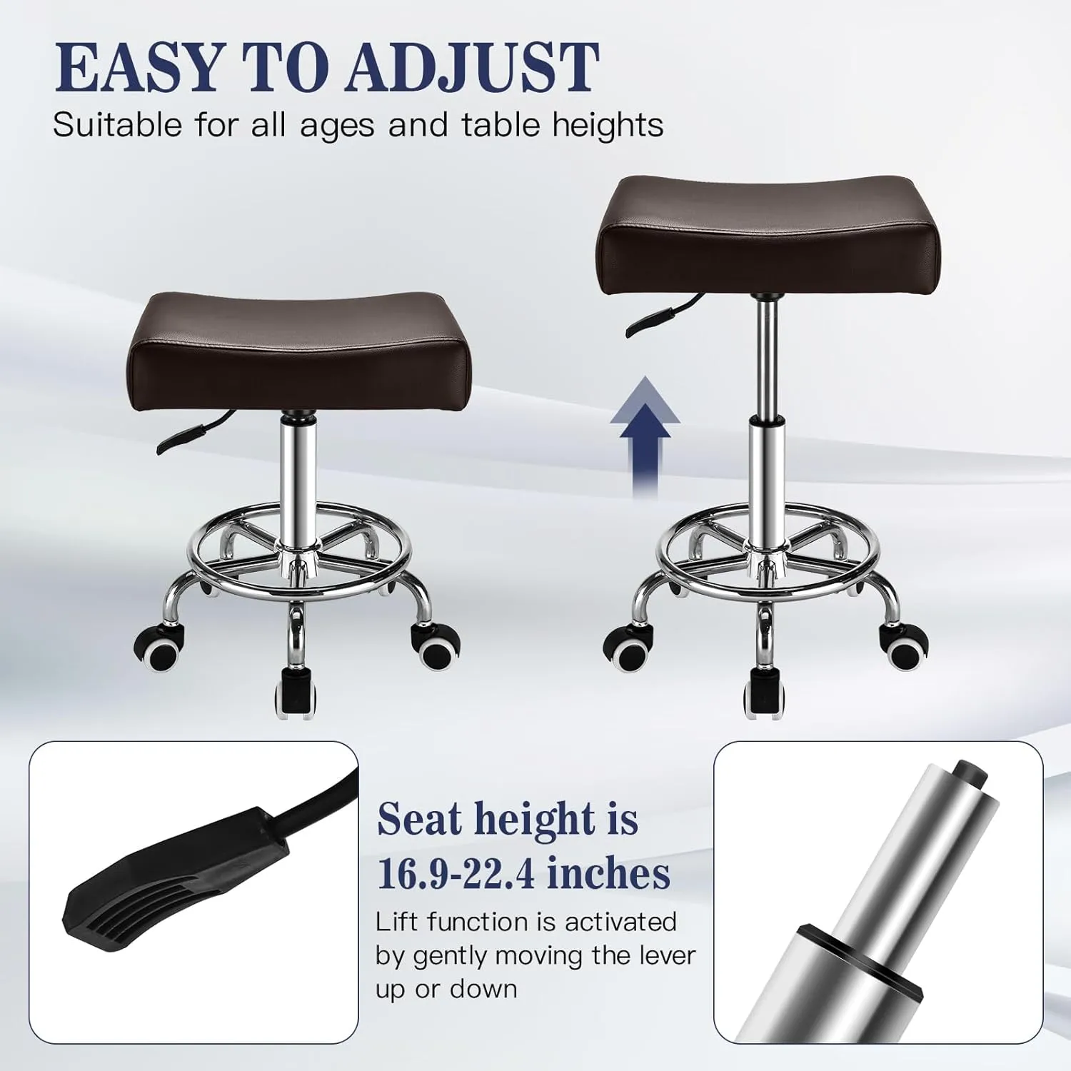 Square Salon Rolling Stool - 300lbs Weight Capacity，Adjustable Swivel Stool with Wheel，Pu Leahter Comfortable Cutting Stools for Salon Tattoo Stylist Massage Perfect for Work SPA (Brown)
