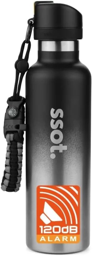 ssot BUZZTLE 120DB Alarm Insulated Stainless Steel Water Bottle with Fire Starter Compass Whistle Emergency Safety Alarm Survival Kit Bracelet (Black)