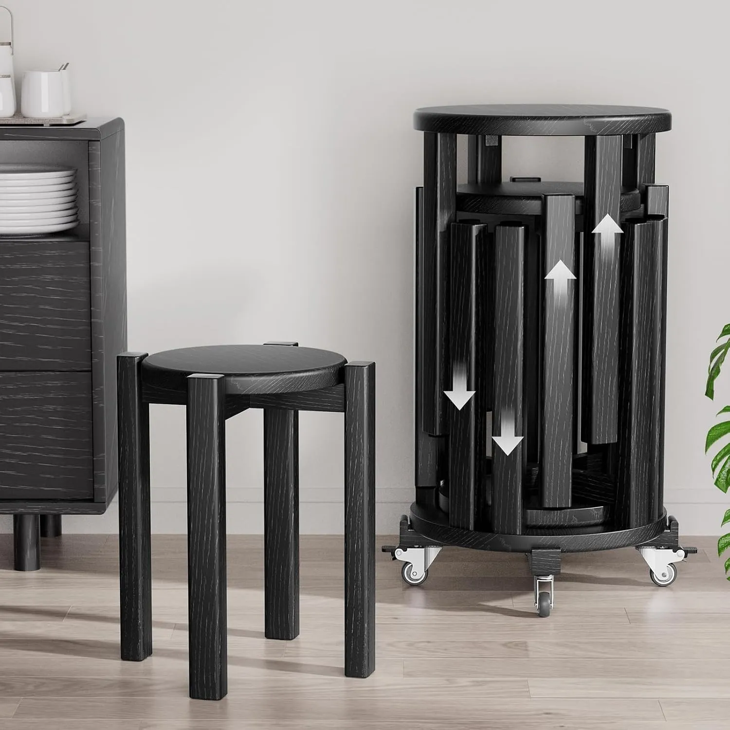 Stackable Stools Set of 4, 4-in-1 Wood Stool,Sturdy and Durable, Bar Stool Set 4,Stacking Stools No Installation Required,Top Stackable Round Stool with Wheels for Saving Space