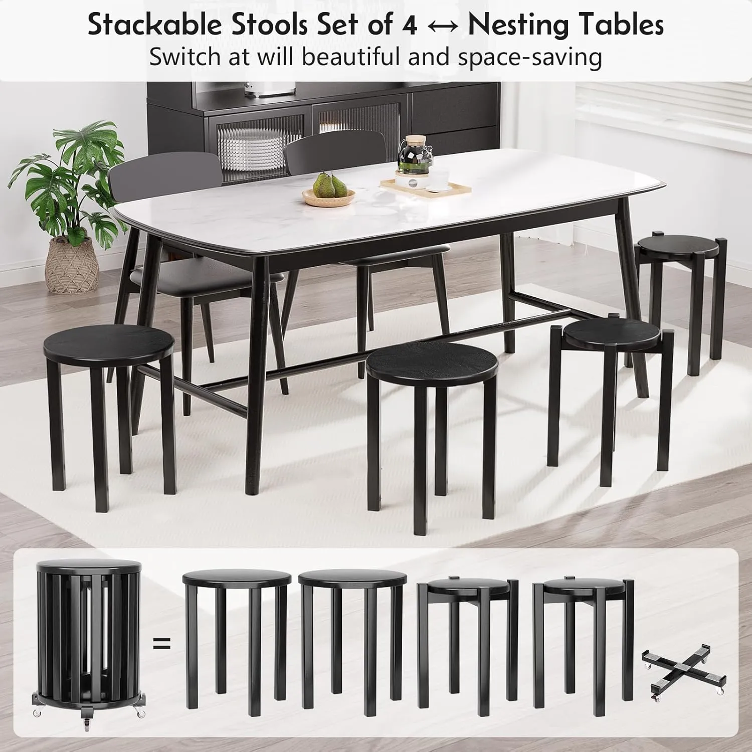 Stackable Stools Set of 4, 4-in-1 Wood Stool,Sturdy and Durable, Bar Stool Set 4,Stacking Stools No Installation Required,Top Stackable Round Stool with Wheels for Saving Space