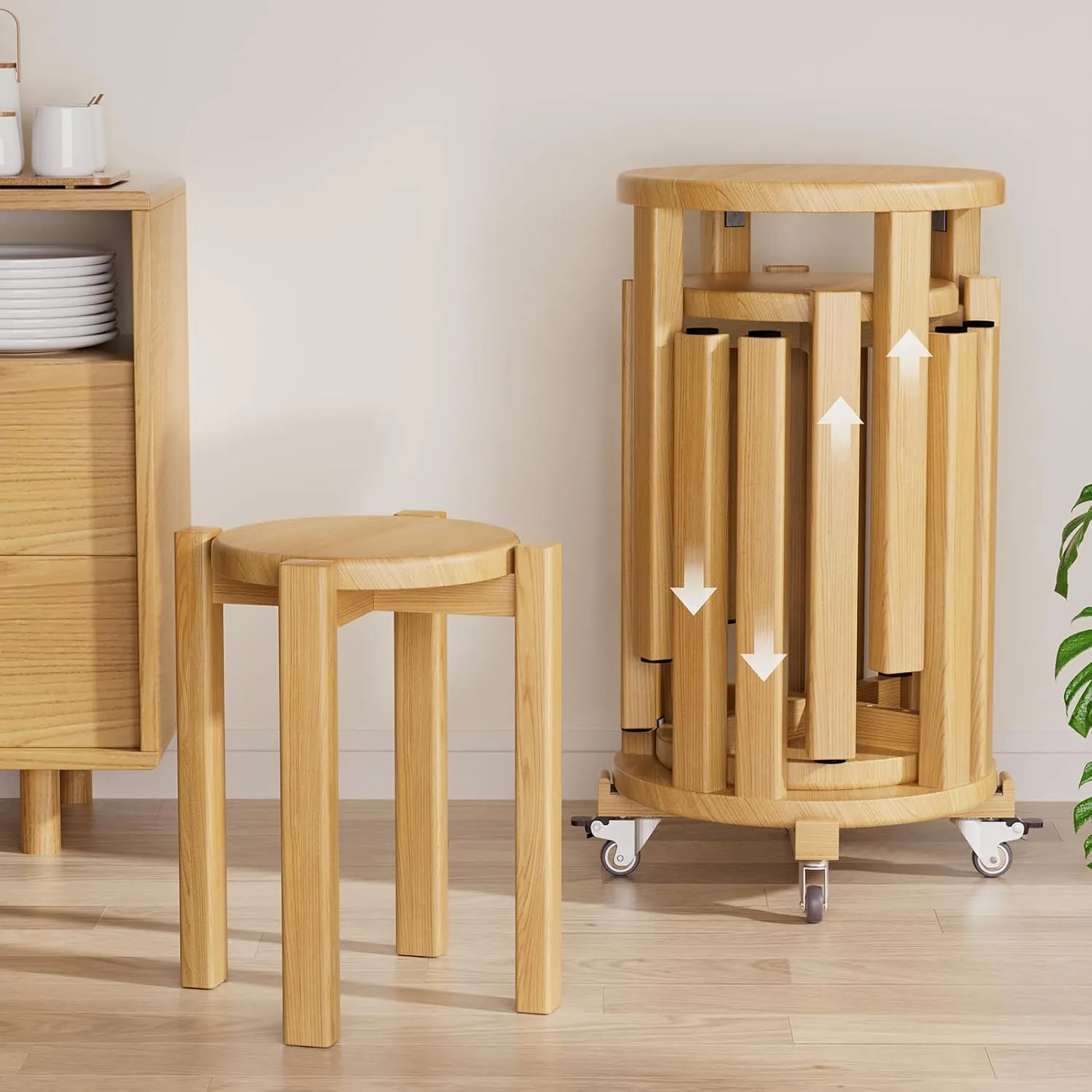 Stackable Stools Set of 4, 4-in-1 Wood Stool,Sturdy and Durable, Bar stools,Stacking Stools No Installation Required,Top Stackable Round Stool with Wheels for Saving Space