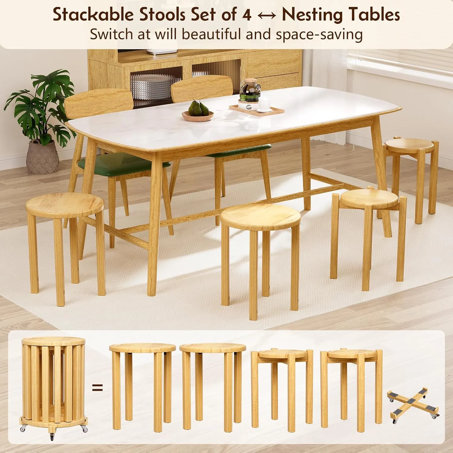 Stackable Stools Set of 4, 4-in-1 Wood Stool,Sturdy and Durable, Bar stools,Stacking Stools No Installation Required,Top Stackable Round Stool with Wheels for Saving Space