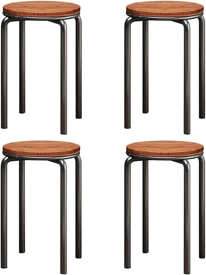 Stacking Stools Set of 4, 18" H Backless Round Wooden Top Portable Stackable Stools with Metal Frame (Brown)