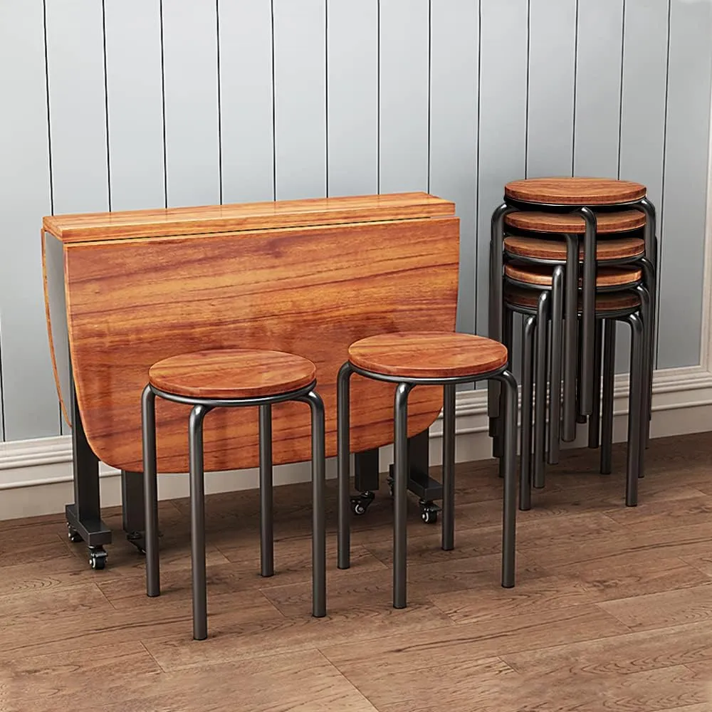 Stacking Stools Set of 4, 18" H Backless Round Wooden Top Portable Stackable Stools with Metal Frame (Brown)