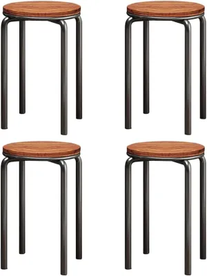 Stacking Stools Set of 4, 18" H Backless Round Wooden Top Portable Stackable Stools with Metal Frame (Brown)