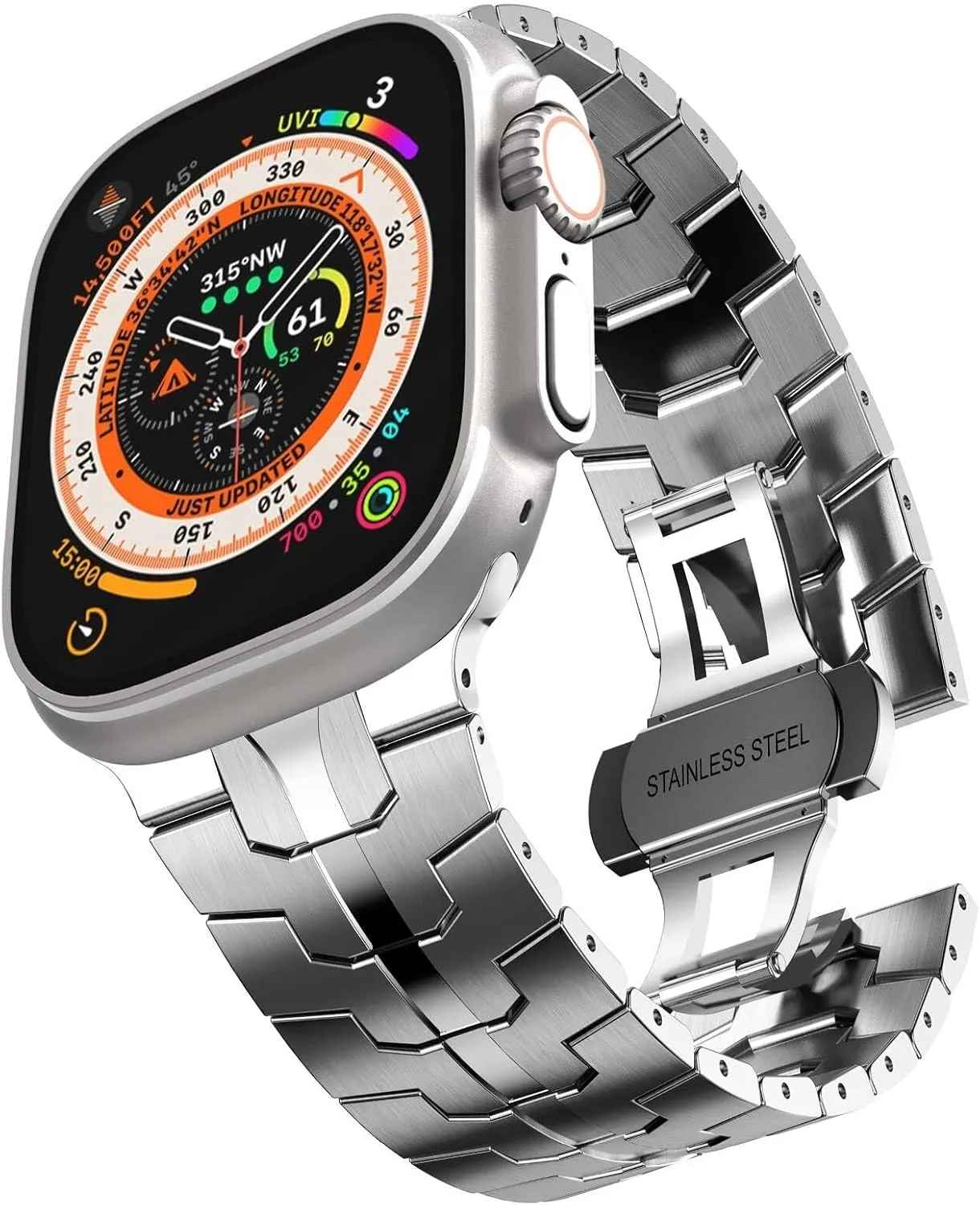 Stainless Steel Band for Apple Watch Ultra 2 Band 49mm 45mm 44mm 42mm, Metal Strap with Folding Clasp for Apple Watch Series 9 8 7 6 5 4 3 2 1 Ultra/Ultra 2 Men