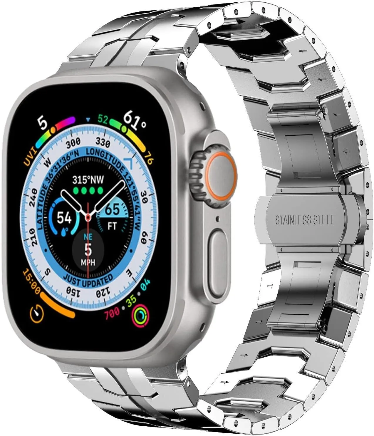 Stainless Steel Band for Apple Watch Ultra 2 Band 49mm 45mm 44mm 42mm, Metal Strap with Folding Clasp for Apple Watch Series 9 8 7 6 5 4 3 2 1 Ultra/Ultra 2 Men