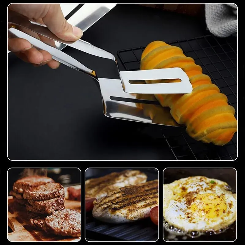 Stainless Steel Food Tongs - Utensil Shovel Clip for Fried Fish, Steak, Pancake, and Barbecue