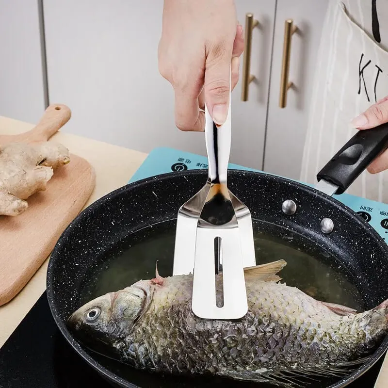 Stainless Steel Food Tongs - Utensil Shovel Clip for Fried Fish, Steak, Pancake, and Barbecue