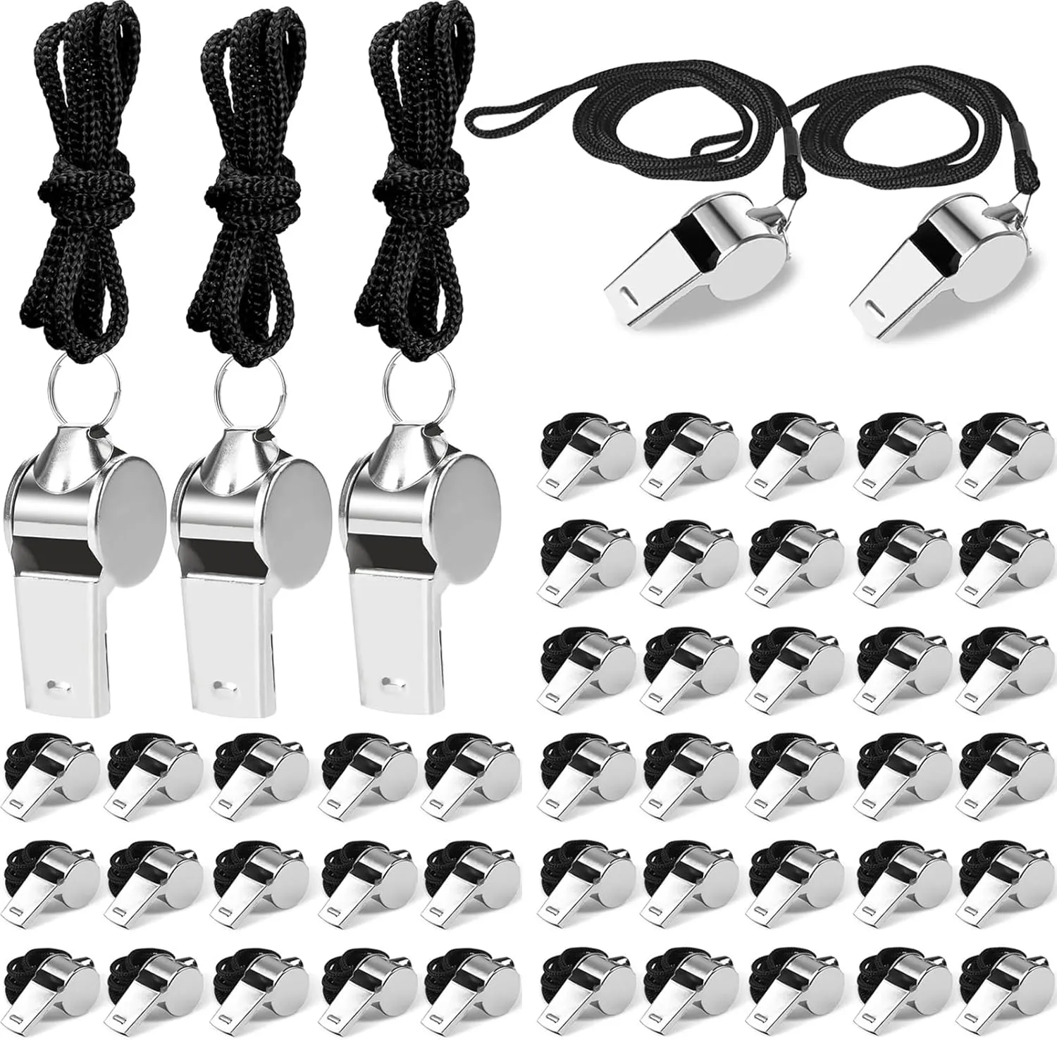 Stainless Steel Whistle with Lanyard, Loud Referee Whistles for Coaches Teachers Sports Emergency Training - Durable Metal Waterproof Whistles Bulk Pack (50pcs Black)