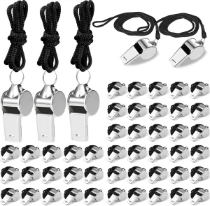 Stainless Steel Whistle with Lanyard, Loud Referee Whistles for Coaches Teachers Sports Emergency Training - Durable Metal Waterproof Whistles Bulk Pack (50pcs Black)