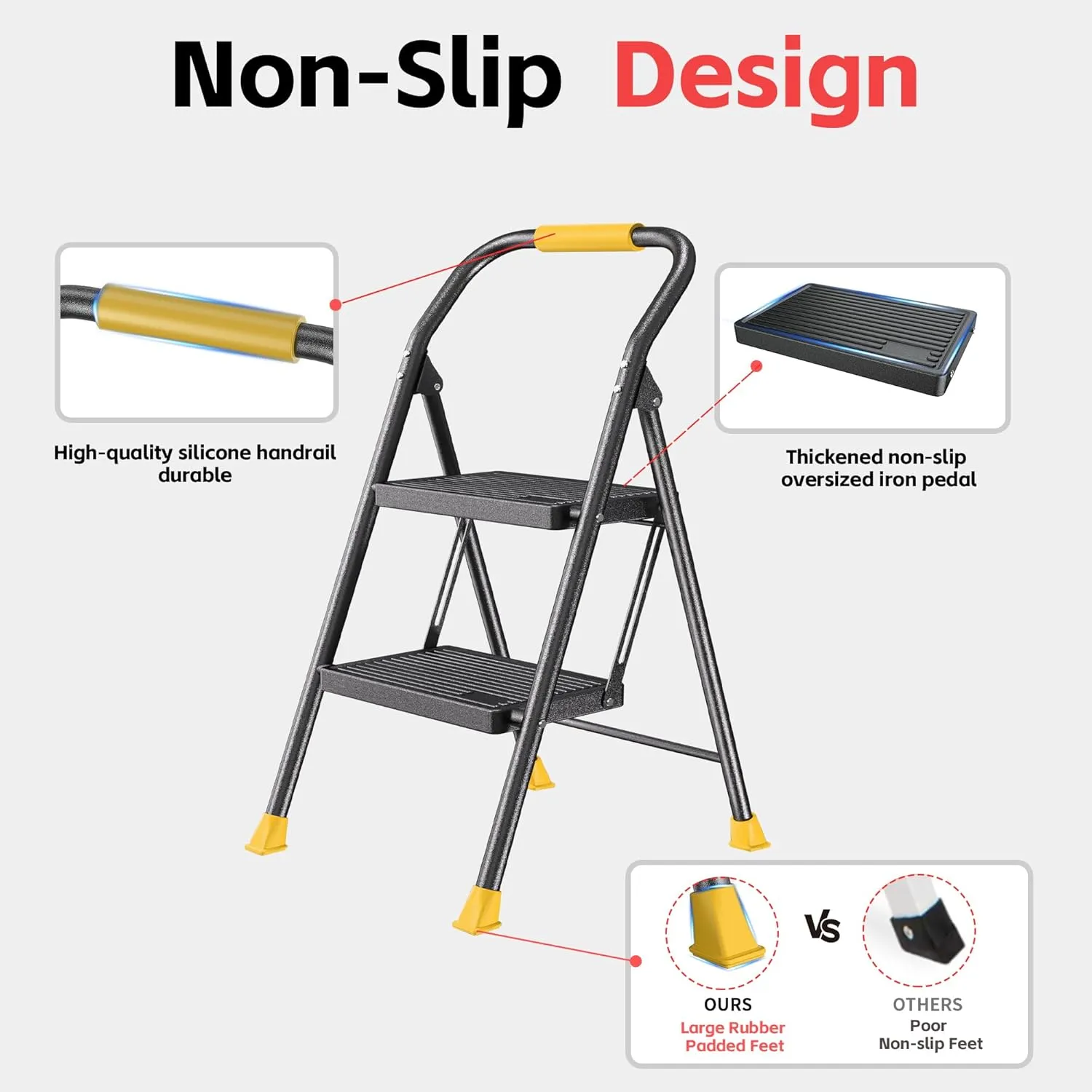 Step Ladder Foldable Folding Stool - for Home Adults Kitchen 2 Stepping Extension Tall Heavy Duty with Handrails - Closet Stepstool Stair Ladders Extendable Stepladder for Indoor House 600Lbs