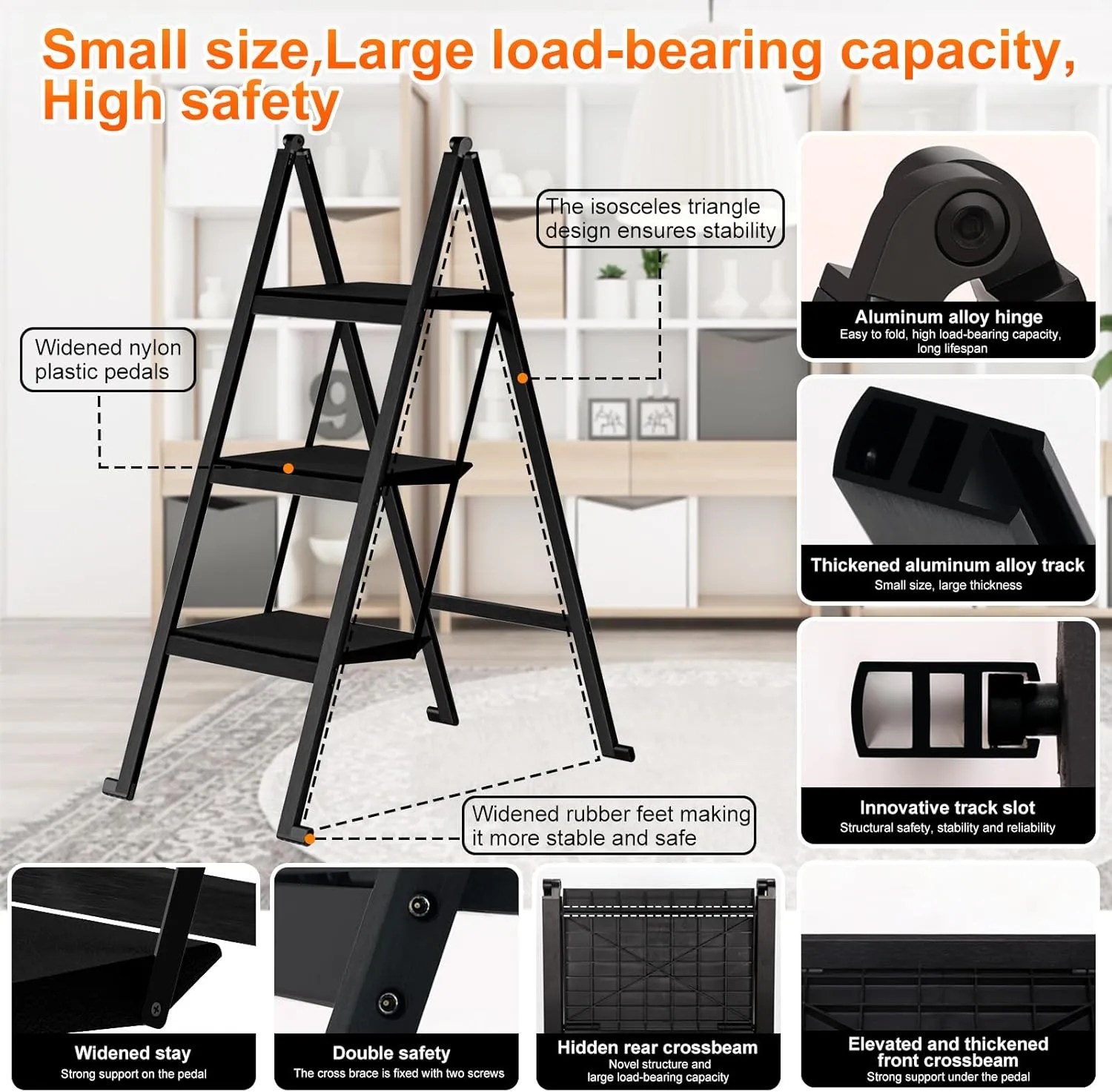 Step Ladder,Aluminum Ultra Thin Folding Step Stool,400 Lbs Capacity with Anti-Slip Sturdy and Wide Pedal,Closet Step Ladder for Home,Kitchen and Office,Space Saving (Black, 3-Step)