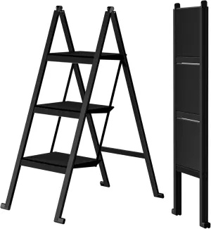 Step Ladder,Aluminum Ultra Thin Folding Step Stool,400 Lbs Capacity with Anti-Slip Sturdy and Wide Pedal,Closet Step Ladder for Home,Kitchen and Office,Space Saving (Black, 3-Step)