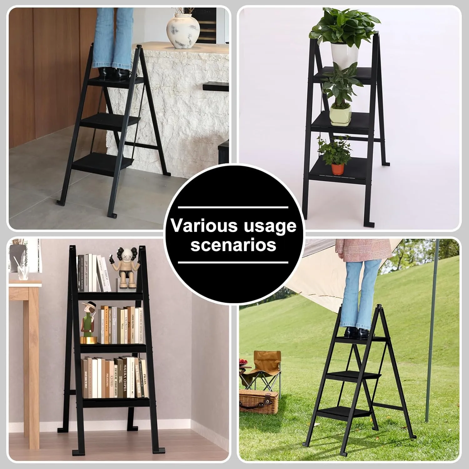 Step Ladder,Aluminum Ultra Thin Folding Step Stool,400 Lbs Capacity with Anti-Slip Sturdy and Wide Pedal,Closet Step Ladder for Home,Kitchen and Office,Space Saving (Black, 3-Step)