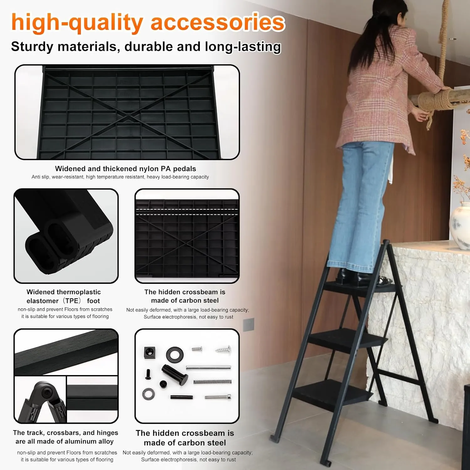 Step Ladder,Aluminum Ultra Thin Folding Step Stool,400 Lbs Capacity with Anti-Slip Sturdy and Wide Pedal,Closet Step Ladder for Home,Kitchen and Office,Space Saving (Black, 3-Step)