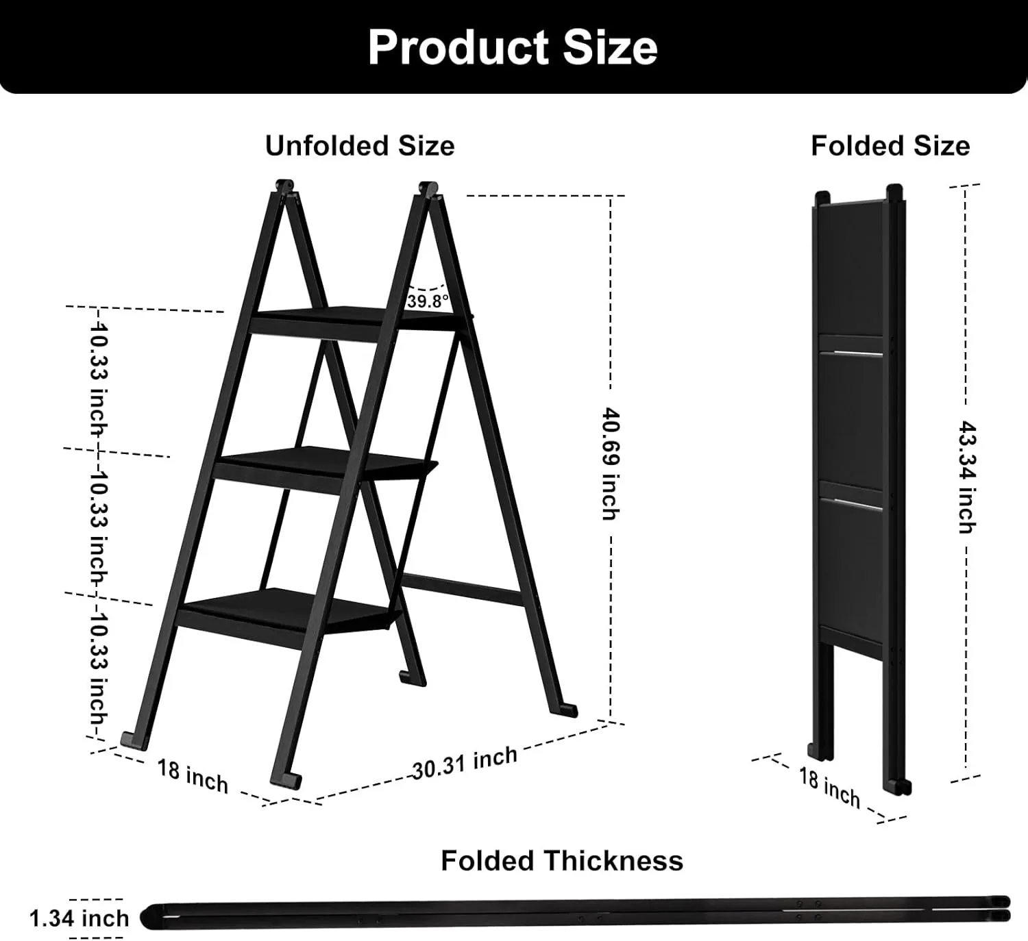 Step Ladder,Aluminum Ultra Thin Folding Step Stool,400 Lbs Capacity with Anti-Slip Sturdy and Wide Pedal,Closet Step Ladder for Home,Kitchen and Office,Space Saving (Black, 3-Step)