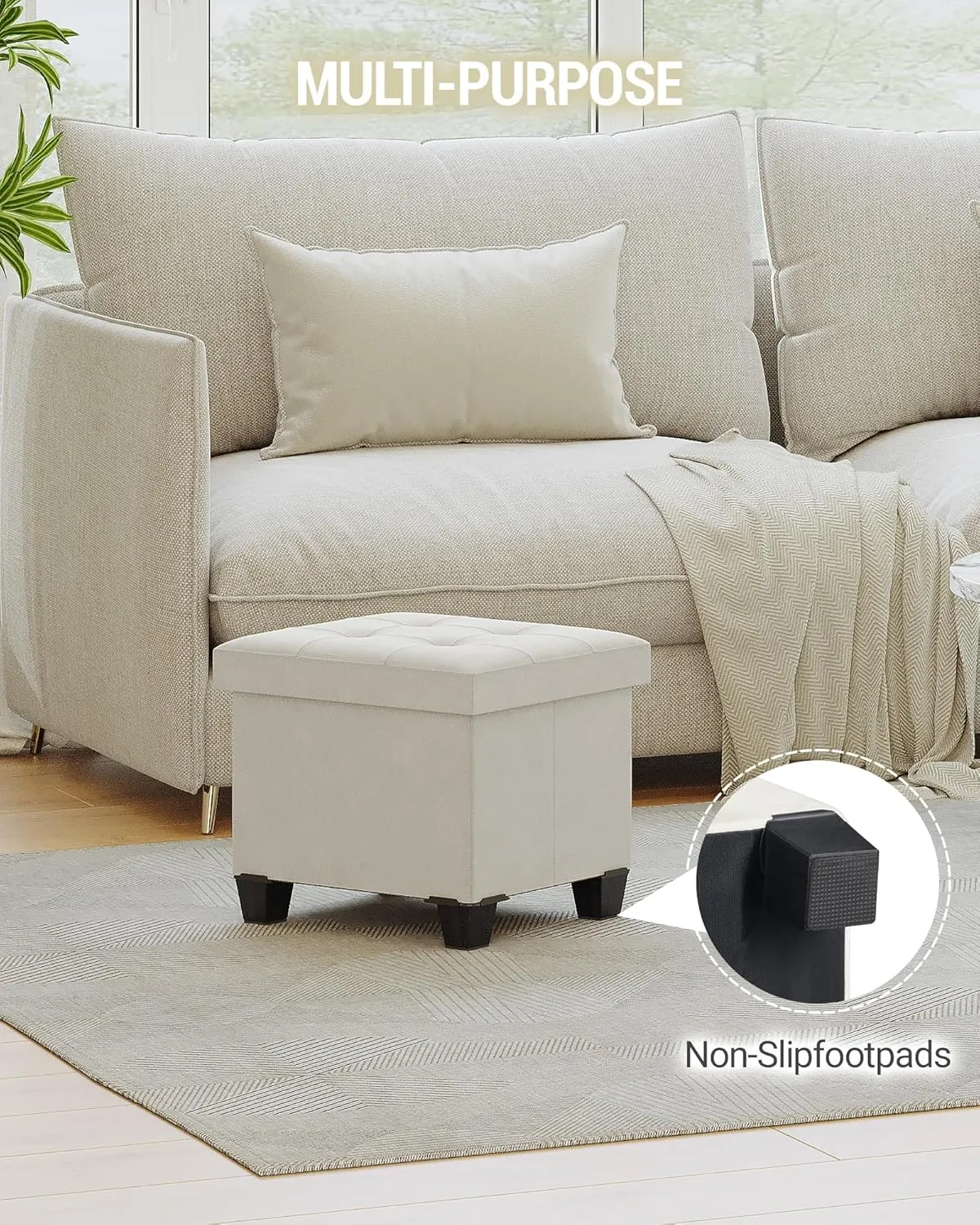 Storage Ottoman, Foldable Ottoman Foot Rest, Foot Stool, Bench with Storage, 660 lb Load Capacity, for Living Room, Bedroom, Dorm, Cream White FSS10W01V2