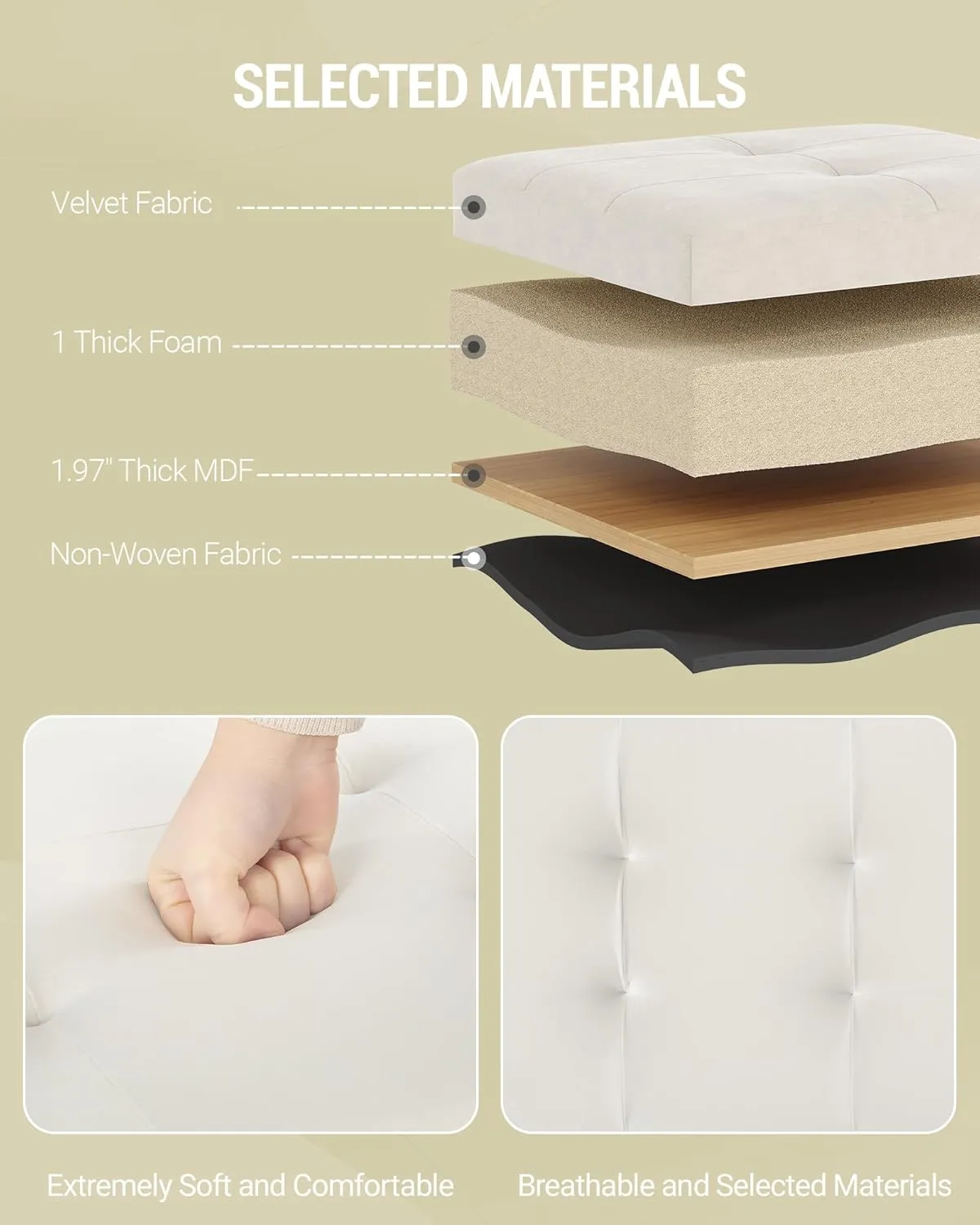 Storage Ottoman, Foldable Ottoman Foot Rest, Foot Stool, Bench with Storage, 660 lb Load Capacity, for Living Room, Bedroom, Dorm, Cream White FSS10W01V2