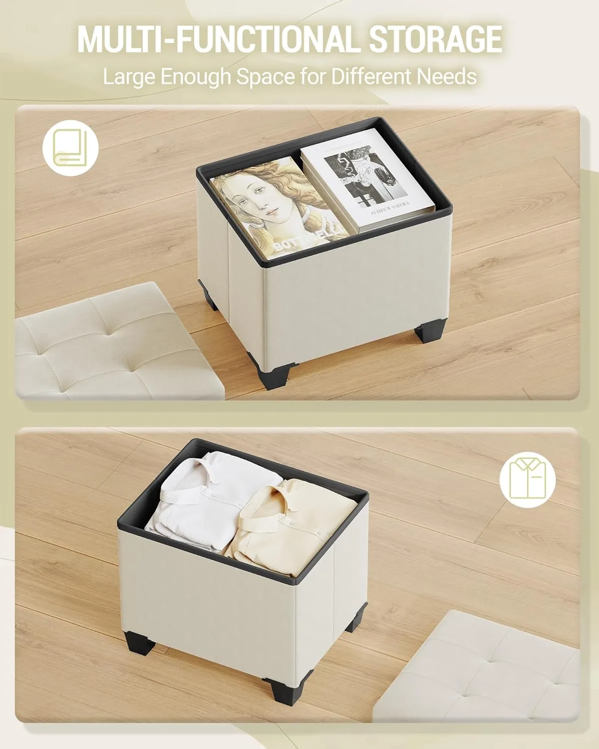 Storage Ottoman, Foldable Ottoman Foot Rest, Foot Stool, Bench with Storage, 660 lb Load Capacity, for Living Room, Bedroom, Dorm, Cream White FSS10W01V2