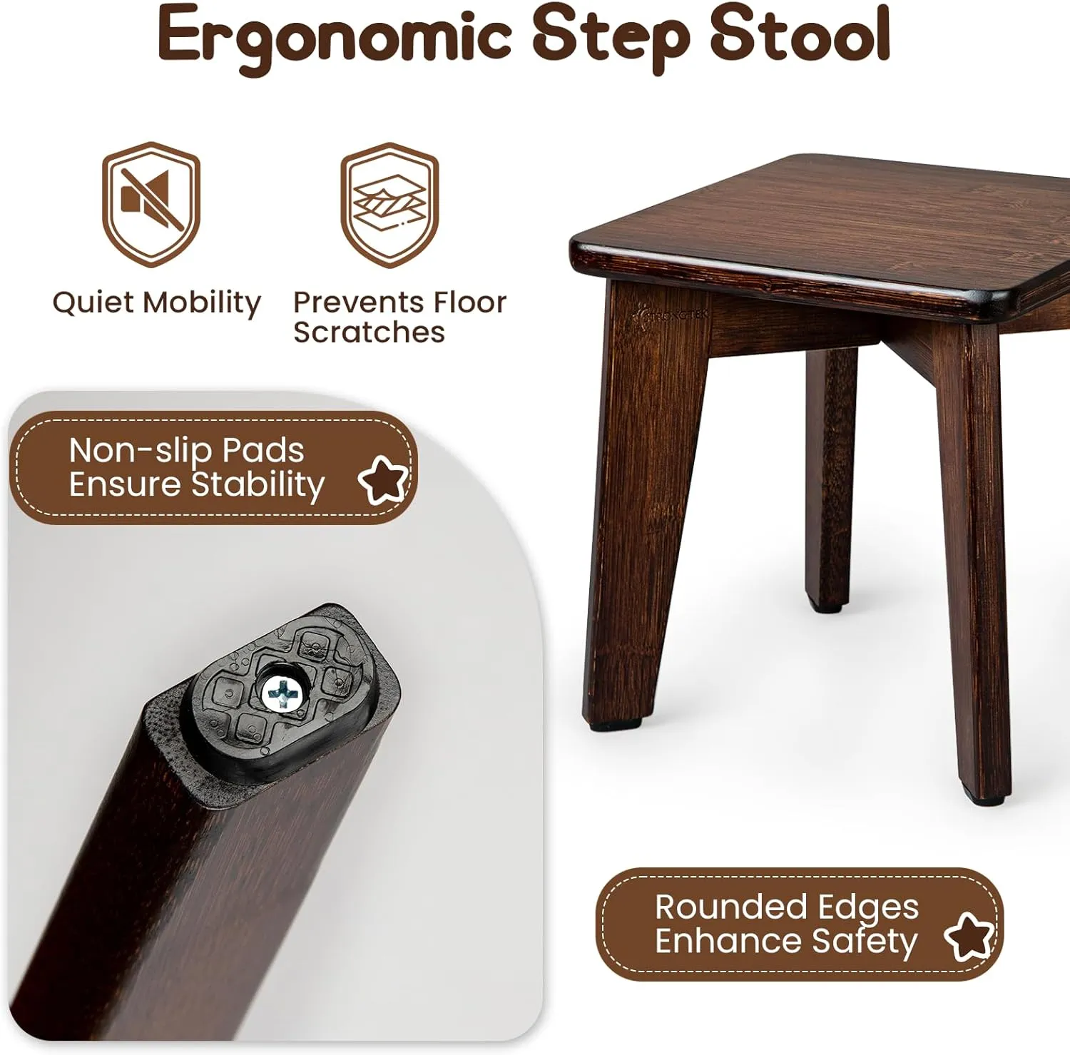 StrongTek Bamboo Small Step Stool, Durable and Stylish Wooden Step for Adults and Kids, Perfect for Kitchen, Bathroom, Bedroom, or Living Room, Non-Slip, Compact, Portable, Easy to Store (Chocolate)