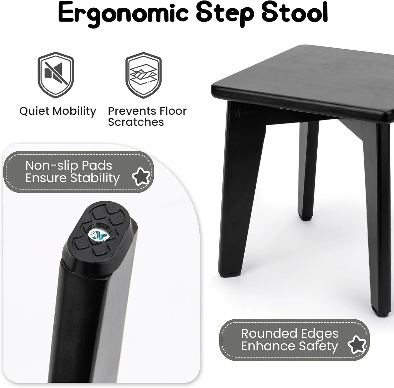 StrongTek Bamboo Step Stool for Kids and Adults, Natural Material, Sturdy and Versatile Short Foot Stool for Bathroom, Kitchen, Bedroom, Compact 10-inch Small Wood Stool, Plant Stand (Black)