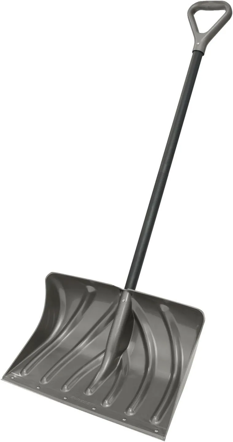 Suncast 20-Inch Snow Shovel and Pusher Combo with Durable Galvanized Steel Wear Strip and Ergonomic D-Grip Handle, Ideal for Driveways, Walkways, and Sidewalks, Gray