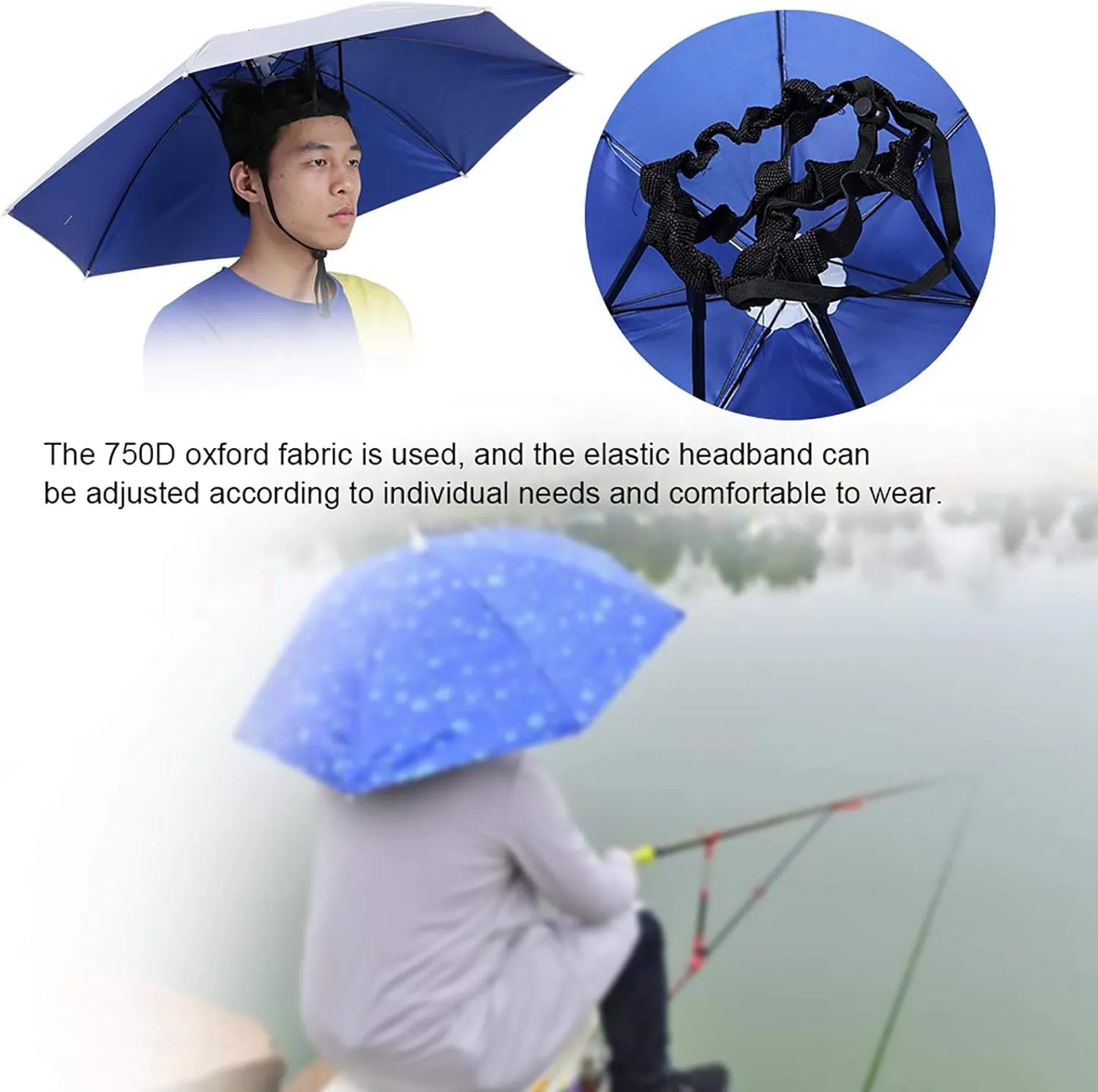 Sunscreen Windproof Head Mounted Umbrella, 77cm Top Folding Hat Umbrella Adjustable Multifunction Fishing Umbrella Cap Elastic Fishing Sunhat