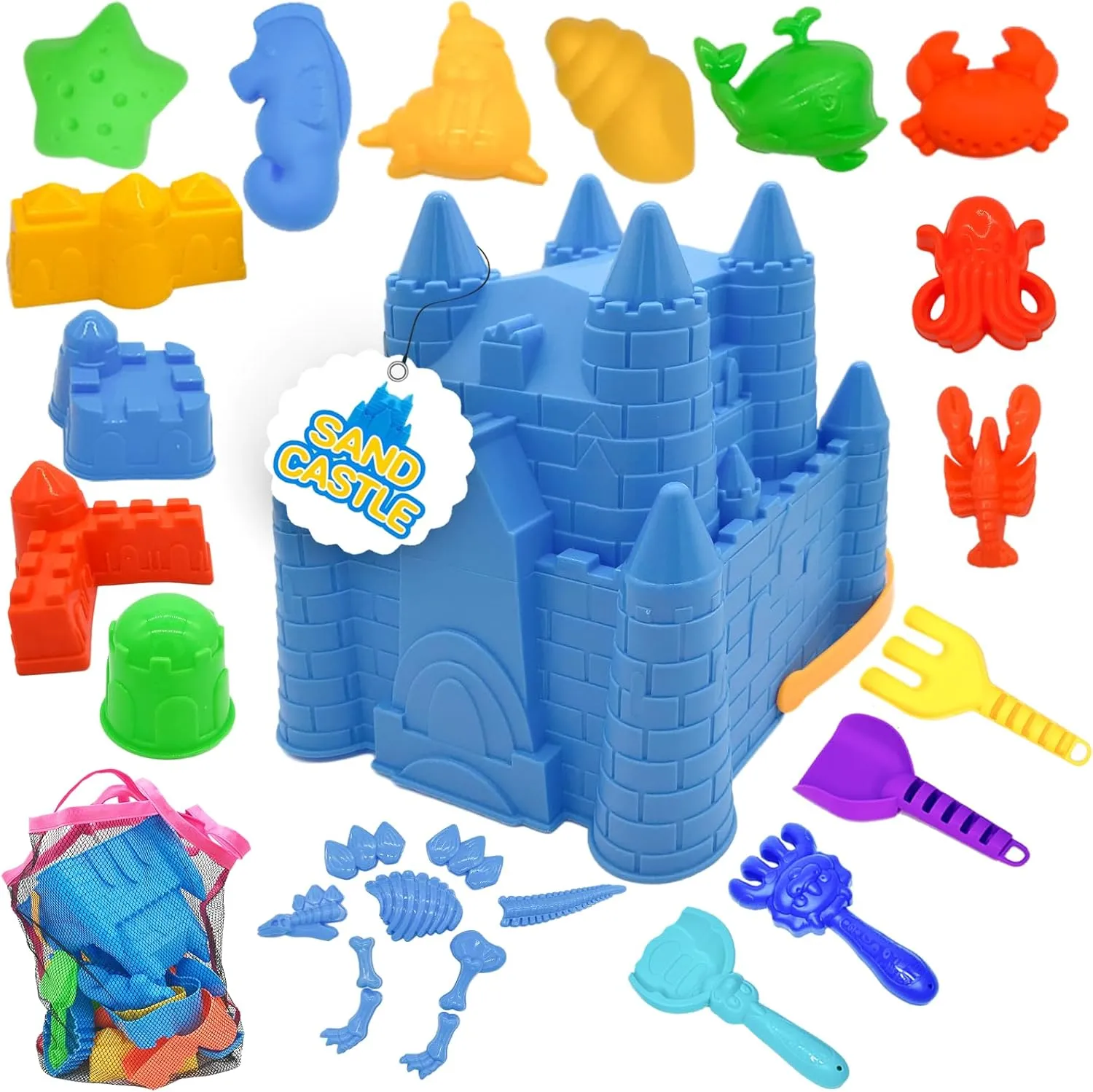 SupMLC Beach Toys Sand Toys for Kids Sand Castle Building Kit with Sand Bucket, Mesh Bag, Shovels and Rakes, Sandbox Toys for Toddlers, Travel Beach Toys for Kids 3-12