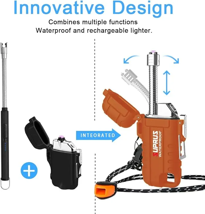SUPRUS Waterproof Lighter Windproof Lighter Arc Plasma Lighters USB-C Rechargeable with Expandable and Flexible Neck for Outdoor Camping Kitchen (Orange)