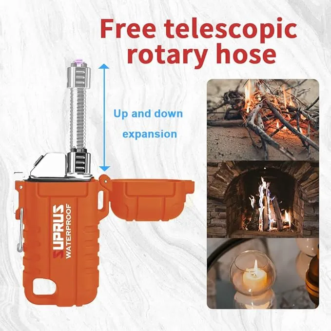 SUPRUS Waterproof Lighter Windproof Lighter Arc Plasma Lighters USB-C Rechargeable with Expandable and Flexible Neck for Outdoor Camping Kitchen (Orange)
