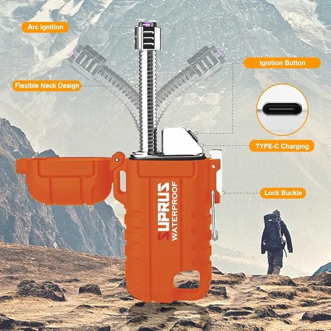 SUPRUS Waterproof Lighter Windproof Lighter Arc Plasma Lighters USB-C Rechargeable with Expandable and Flexible Neck for Outdoor Camping Kitchen (Orange)