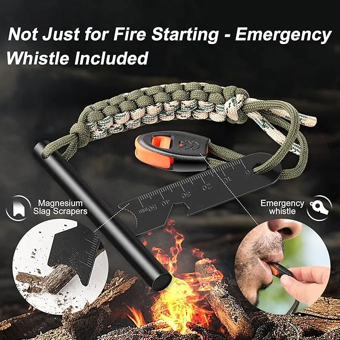Survival Fire Starter, 4 Inch Ferro Rod, Flint Fire Starters for Hiking and Camping, Flint and Steel Survival Tool with Paracord and Emergency Whistle