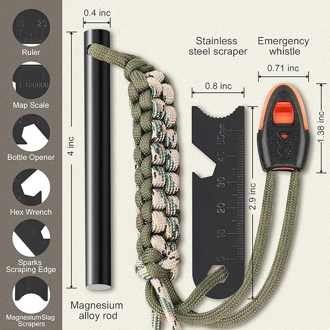 Survival Fire Starter, 4 Inch Ferro Rod, Flint Fire Starters for Hiking and Camping, Flint and Steel Survival Tool with Paracord and Emergency Whistle