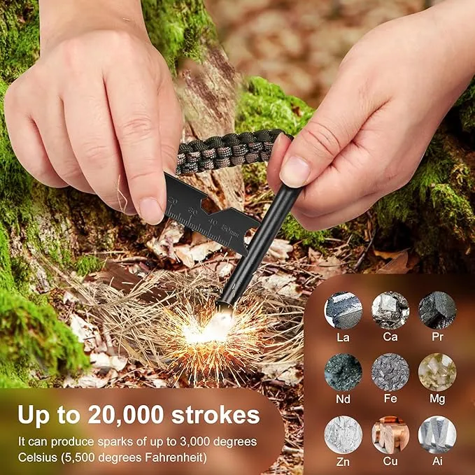 Survival Fire Starter, 4 Inch Ferro Rod, Flint Fire Starters for Hiking and Camping, Flint and Steel Survival Tool with Paracord and Emergency Whistle