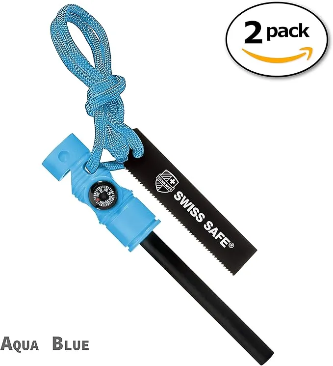 Swiss Safe 5-in-1 Fire Starter with Compass, Paracord and Whistle (2-Pack) for Emergency Survival Kits, Camping, Hiking, All-Weather Magnesium Ferro Rod