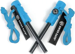 Swiss Safe 5-in-1 Fire Starter with Compass, Paracord and Whistle (2-Pack) for Emergency Survival Kits, Camping, Hiking, All-Weather Magnesium Ferro Rod