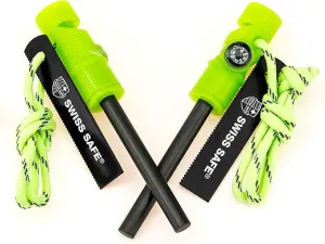 Swiss Safe 5-in-1 Fire Starter with Compass, Paracord and Whistle (2-Pack) for Emergency Survival Kits, Camping, Hiking, All-Weather Magnesium Ferro Rod