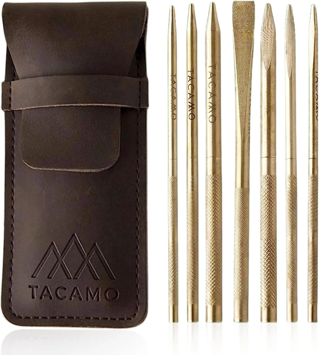TACAMO Paracord FID Set with Leather Case - 7-Piece Durable Brass Paracord & Leather Needle Tool Kit - Removable Extensions, Smoothing Tool & Paracord Lacing Needles for Crafting Rope,Bracelet & Knots