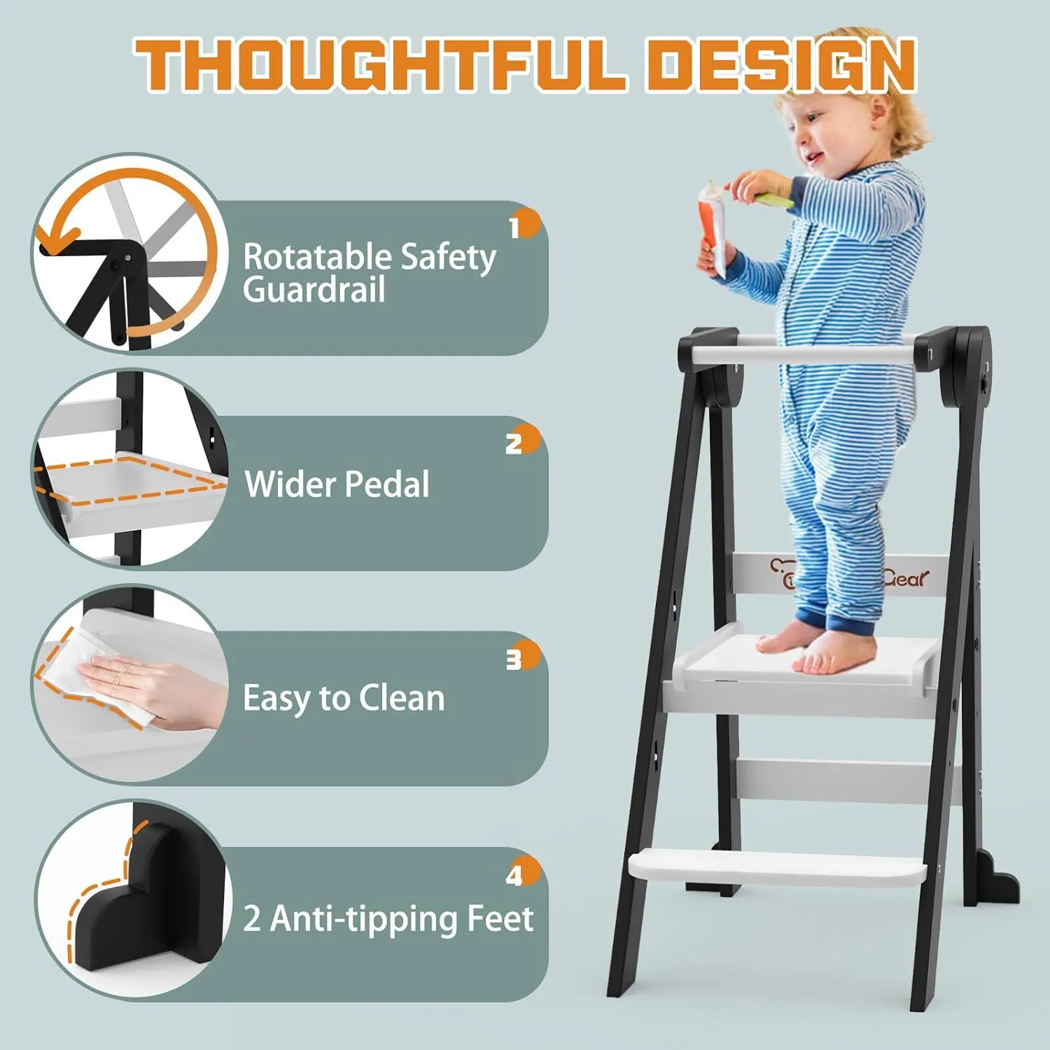 Taleco Gear Foldable Toddler Kitchen Stool Helper, Tower with 3 Adjustable Height, Wooden Toddler Step Stool, Collapsible Tower, Kids Stool for Kitchen and Bathroom
