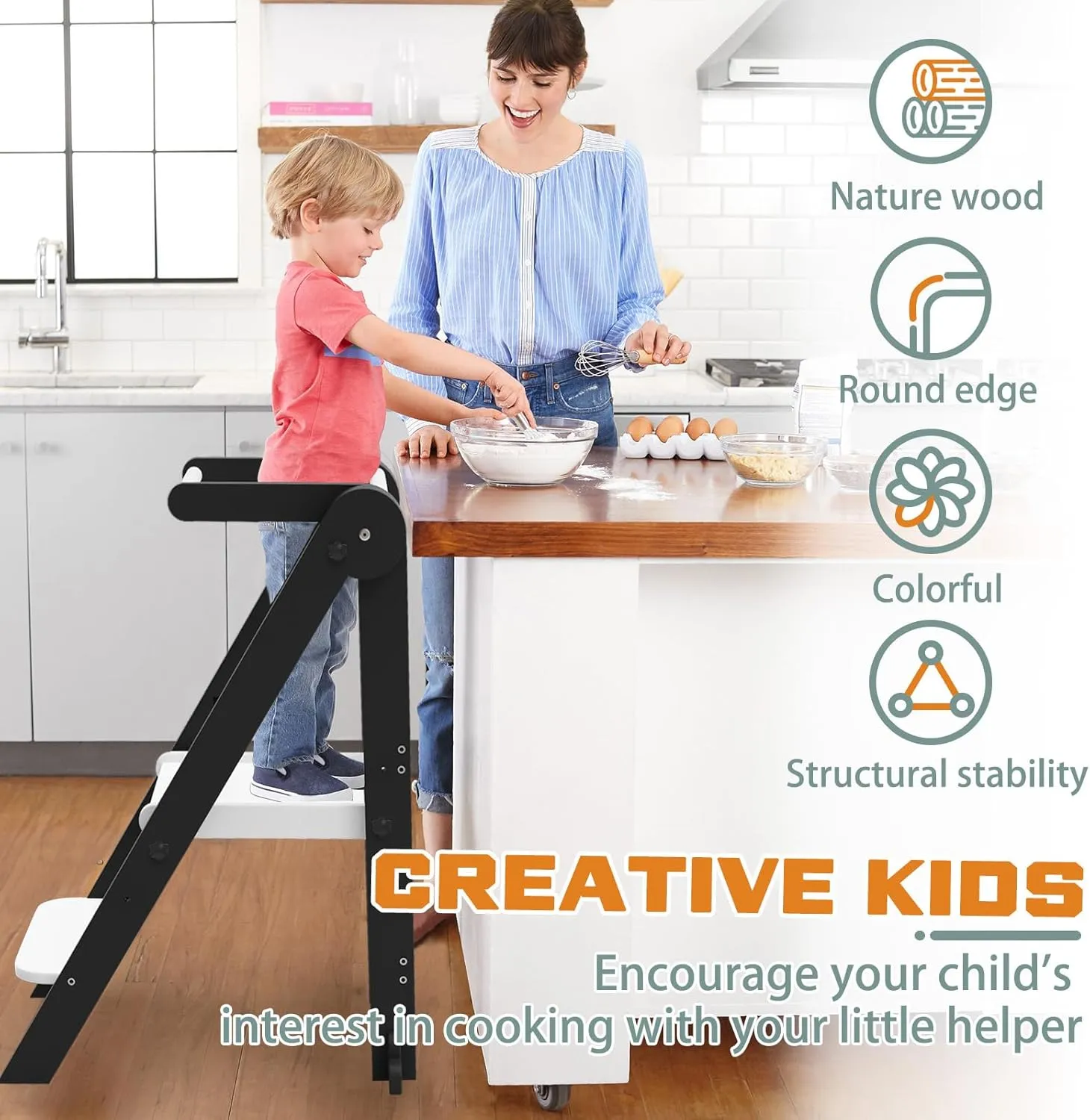 Taleco Gear Foldable Toddler Kitchen Stool Helper, Tower with 3 Adjustable Height, Wooden Toddler Step Stool, Collapsible Tower, Kids Stool for Kitchen and Bathroom