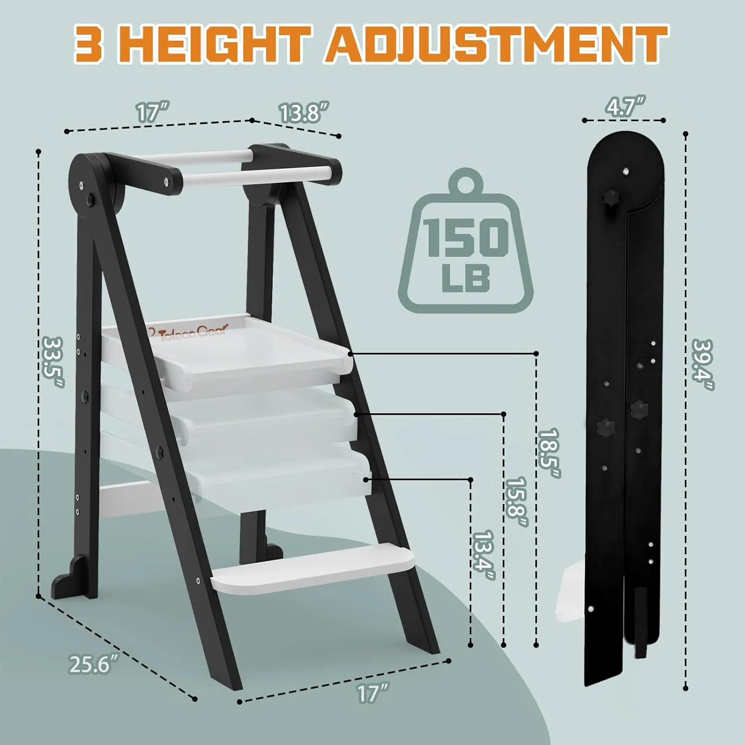 Taleco Gear Foldable Toddler Kitchen Stool Helper, Tower with 3 Adjustable Height, Wooden Toddler Step Stool, Collapsible Tower, Kids Stool for Kitchen and Bathroom