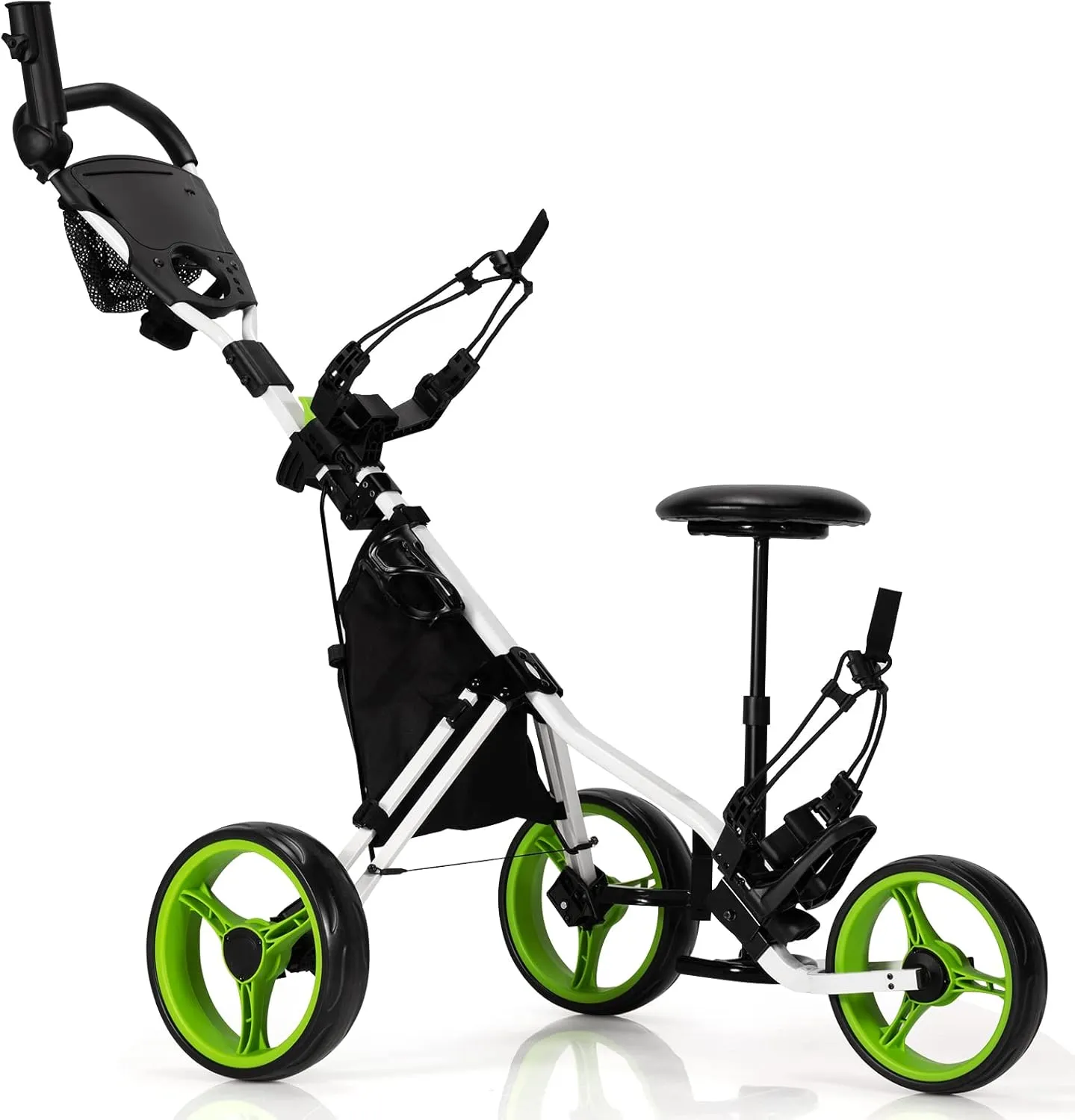 Tangkula Foldable Collapsible 3 Wheels Golf Push Cart with Seat, Foot Brake, Adjustable Umbrella Holder & Seat, 4 Height Position Handle